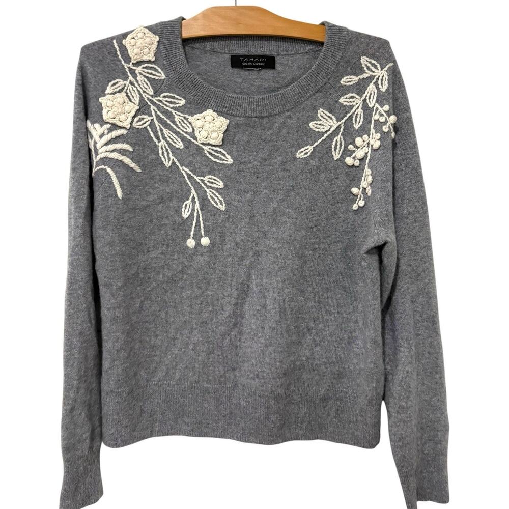 Tahari | Cashmere Sweater Embroidered Gray Long Sleeve- Size Medium ?